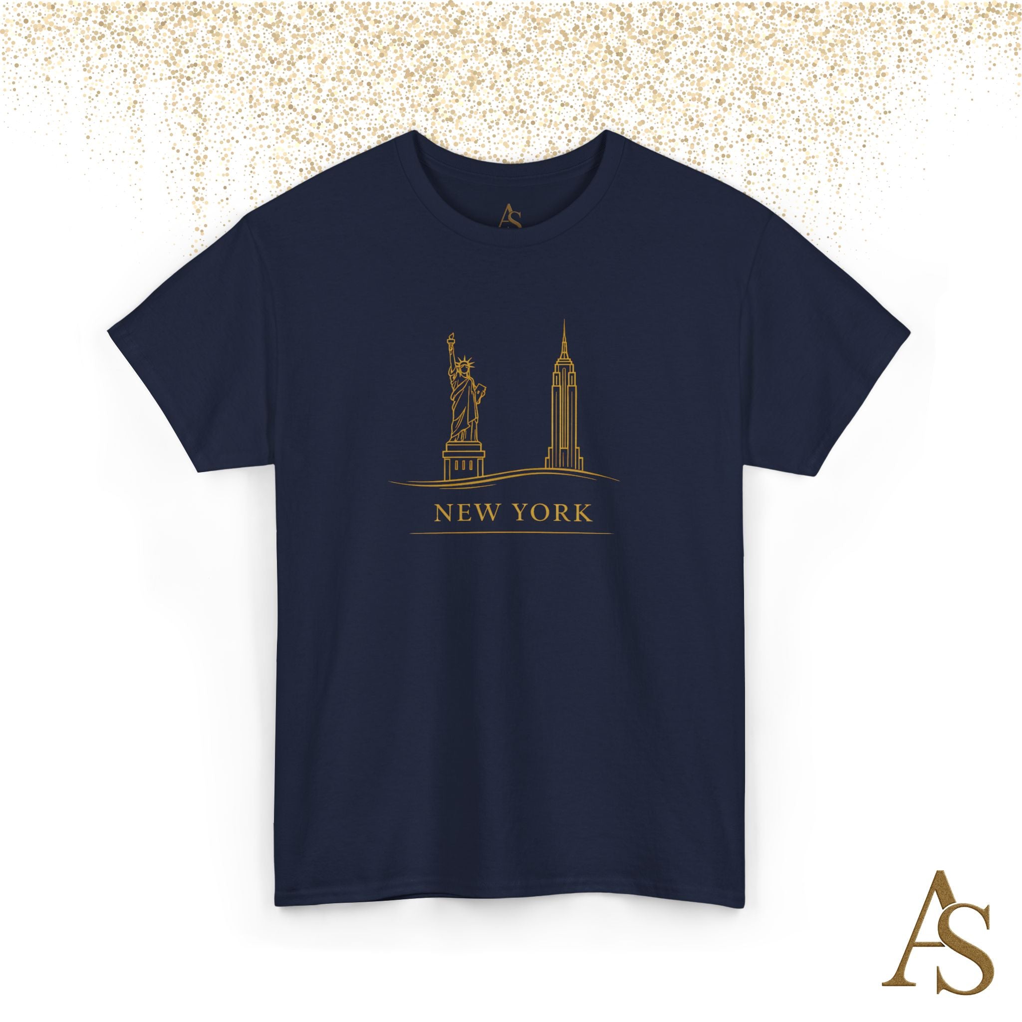 New York Skyline T Shirt Gold Line Art NYC Statue of Liberty Graphic Tee