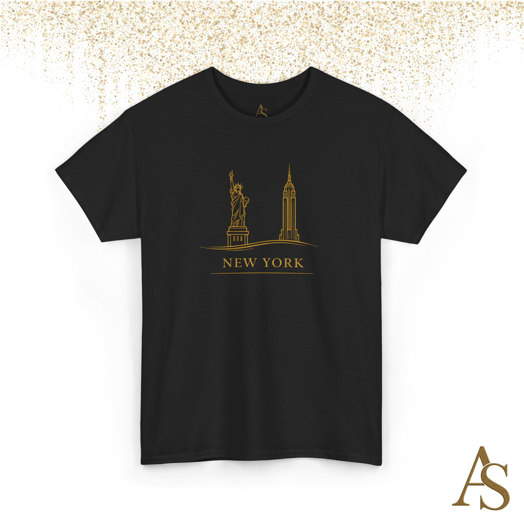 New York Skyline T Shirt Gold Line Art NYC Statue of Liberty Graphic Tee