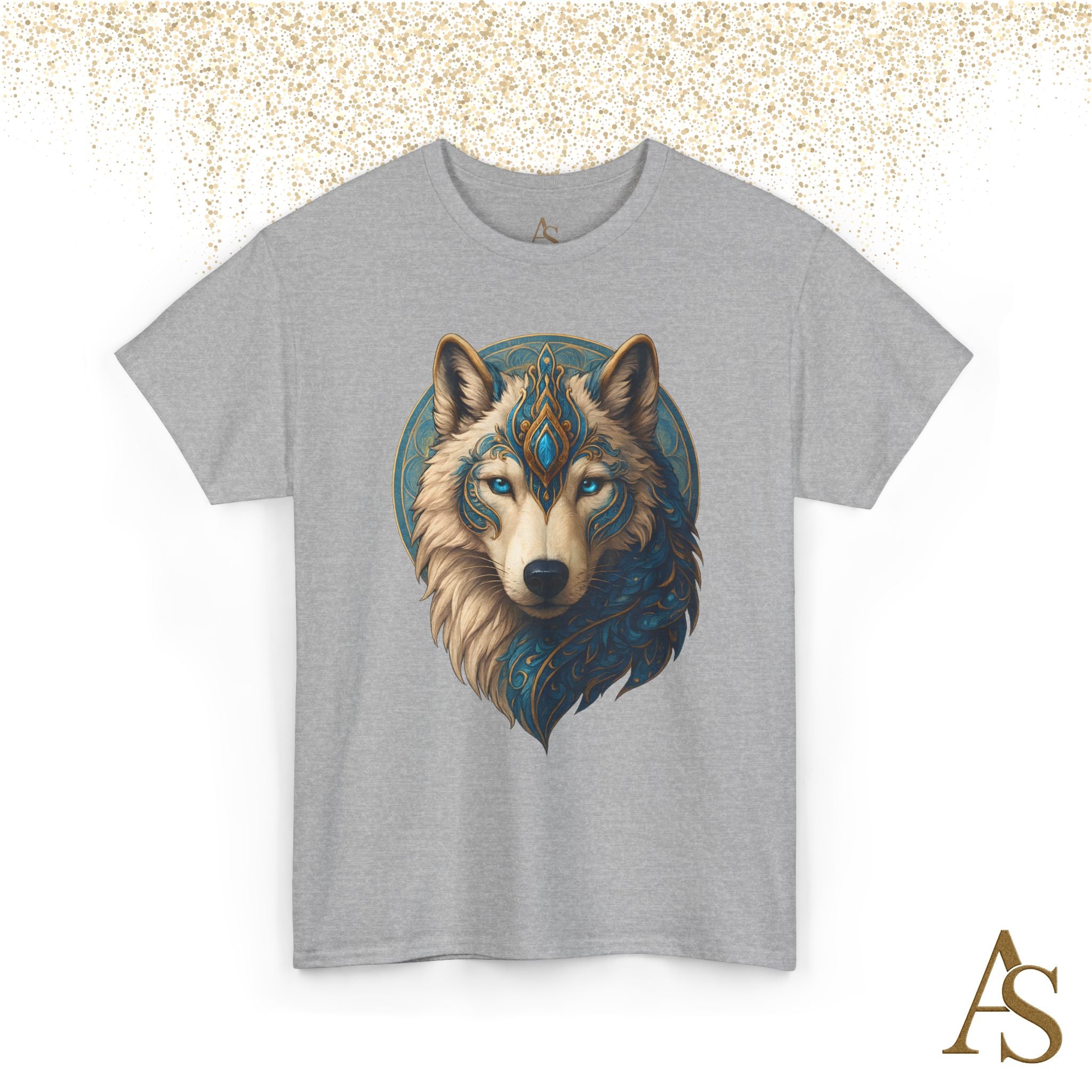 Mystical Wolf Spirit T Shirt Blue Gold Wolf Graphic Unisex Nature Inspired Tee