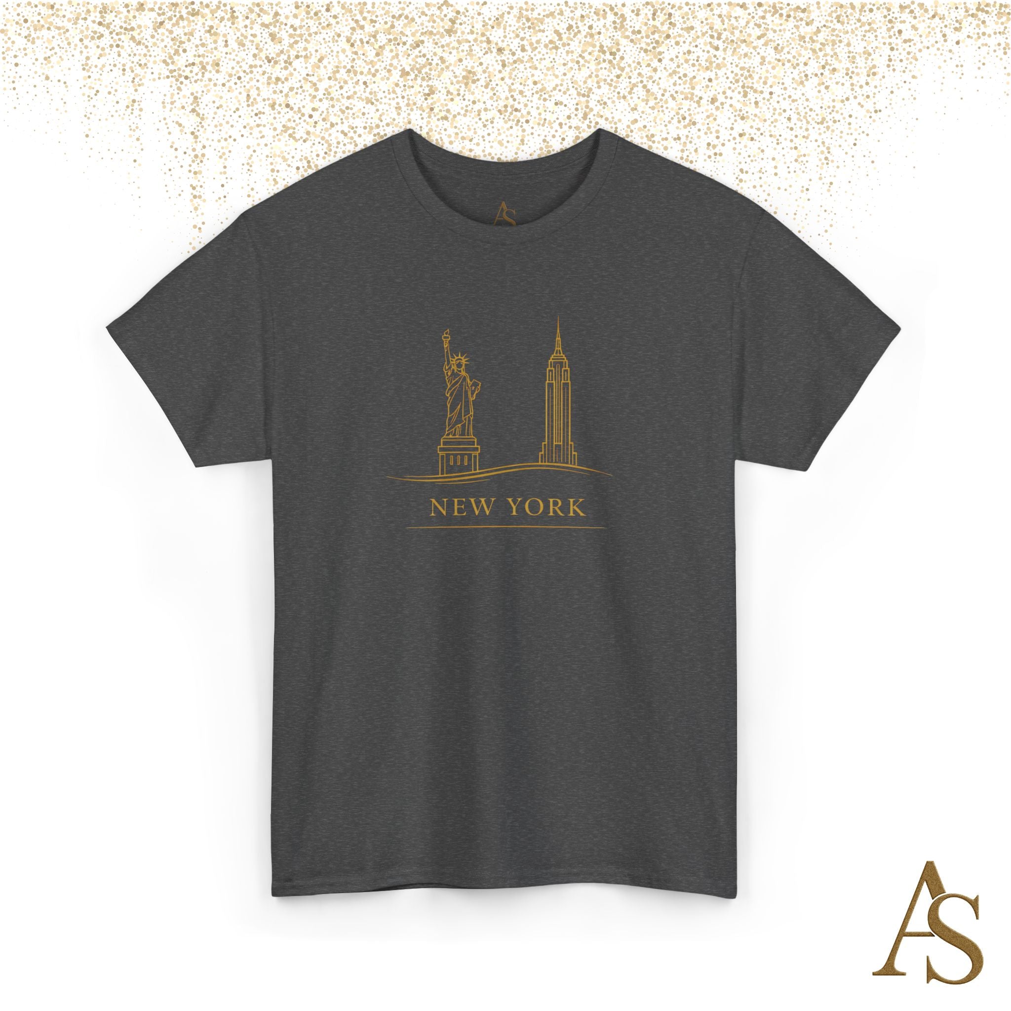 New York Skyline T Shirt Gold Line Art NYC Statue of Liberty Graphic Tee