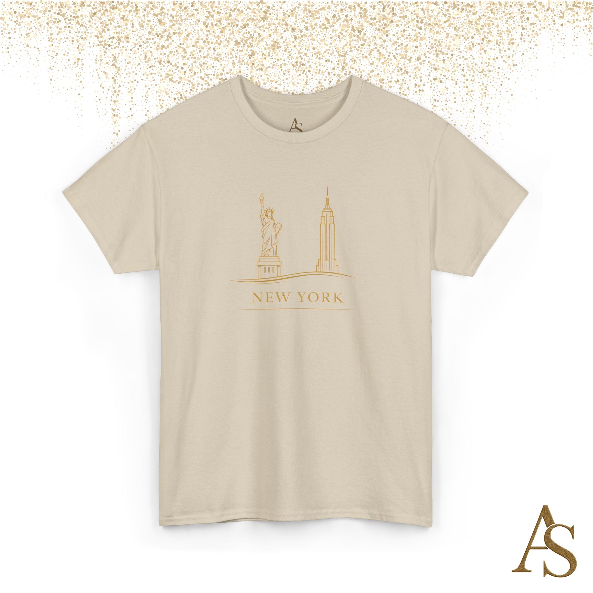 New York Skyline T Shirt Gold Line Art NYC Statue of Liberty Graphic Tee