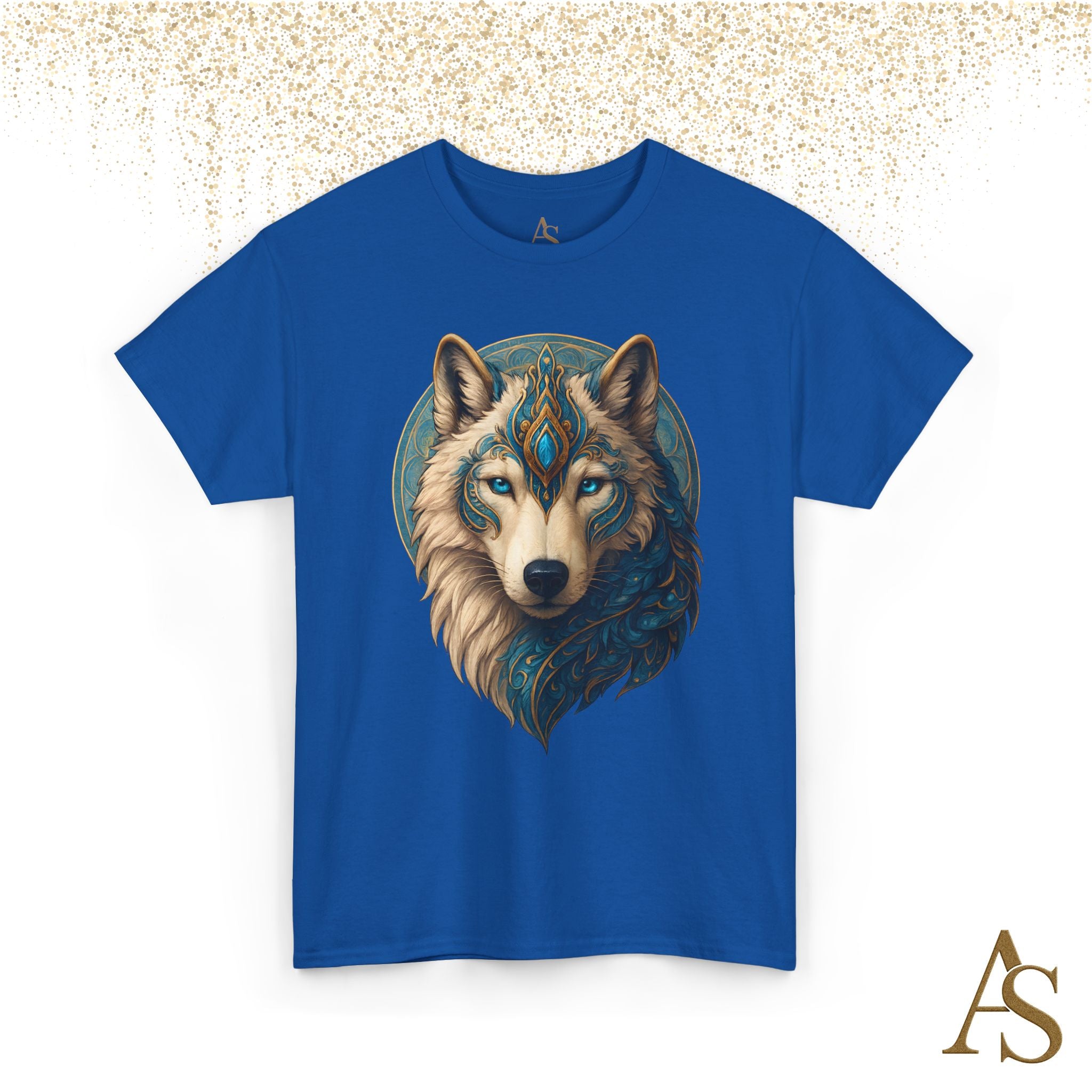 Mystical Wolf Spirit T Shirt Blue Gold Wolf Graphic Unisex Nature Inspired Tee