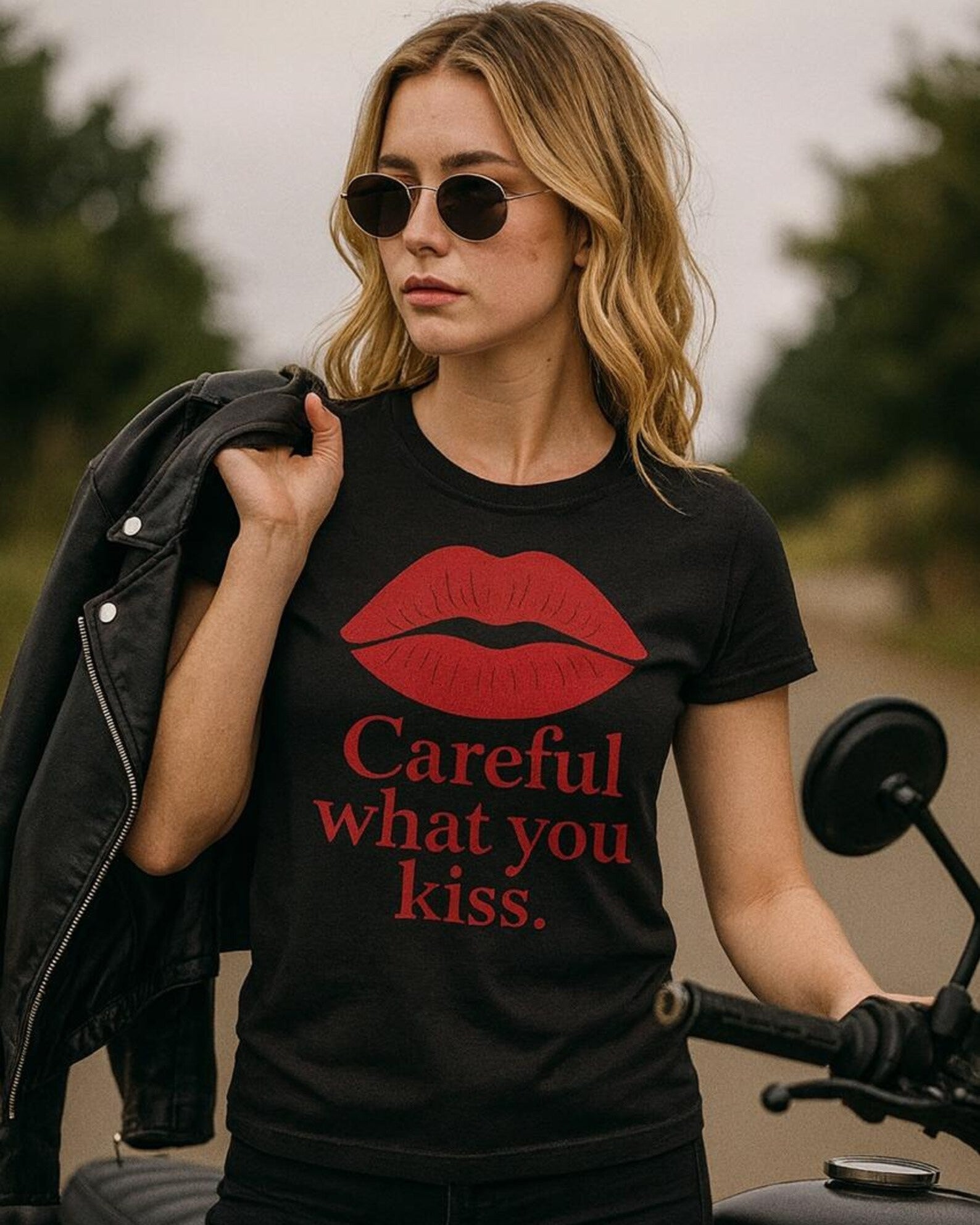 Woman wearing black Careful What You Kiss red lips graphic t shirt funny flirty unisex tee