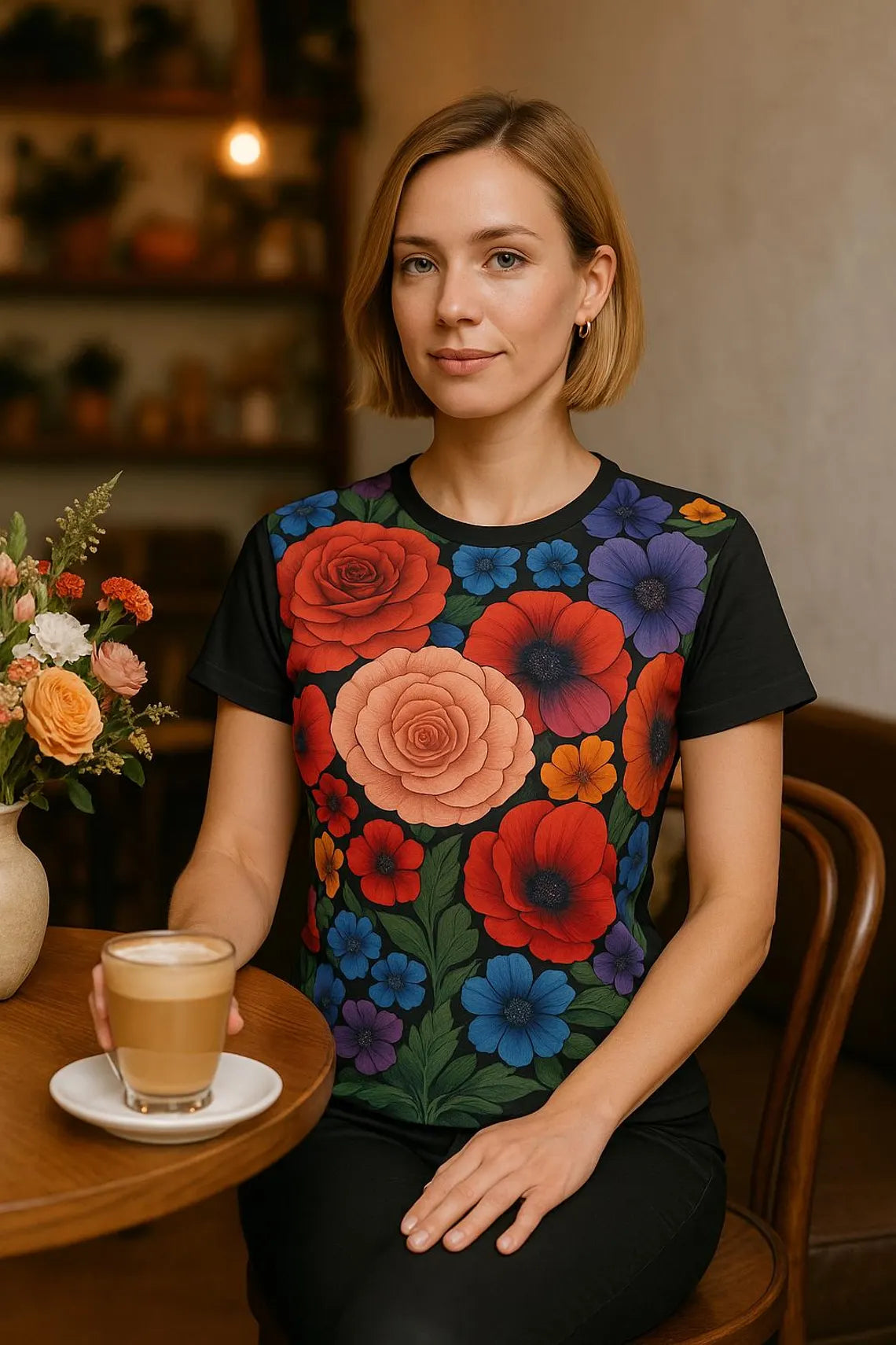 Woman wearing colorful floral graphic T-shirt with botanical flower garden design