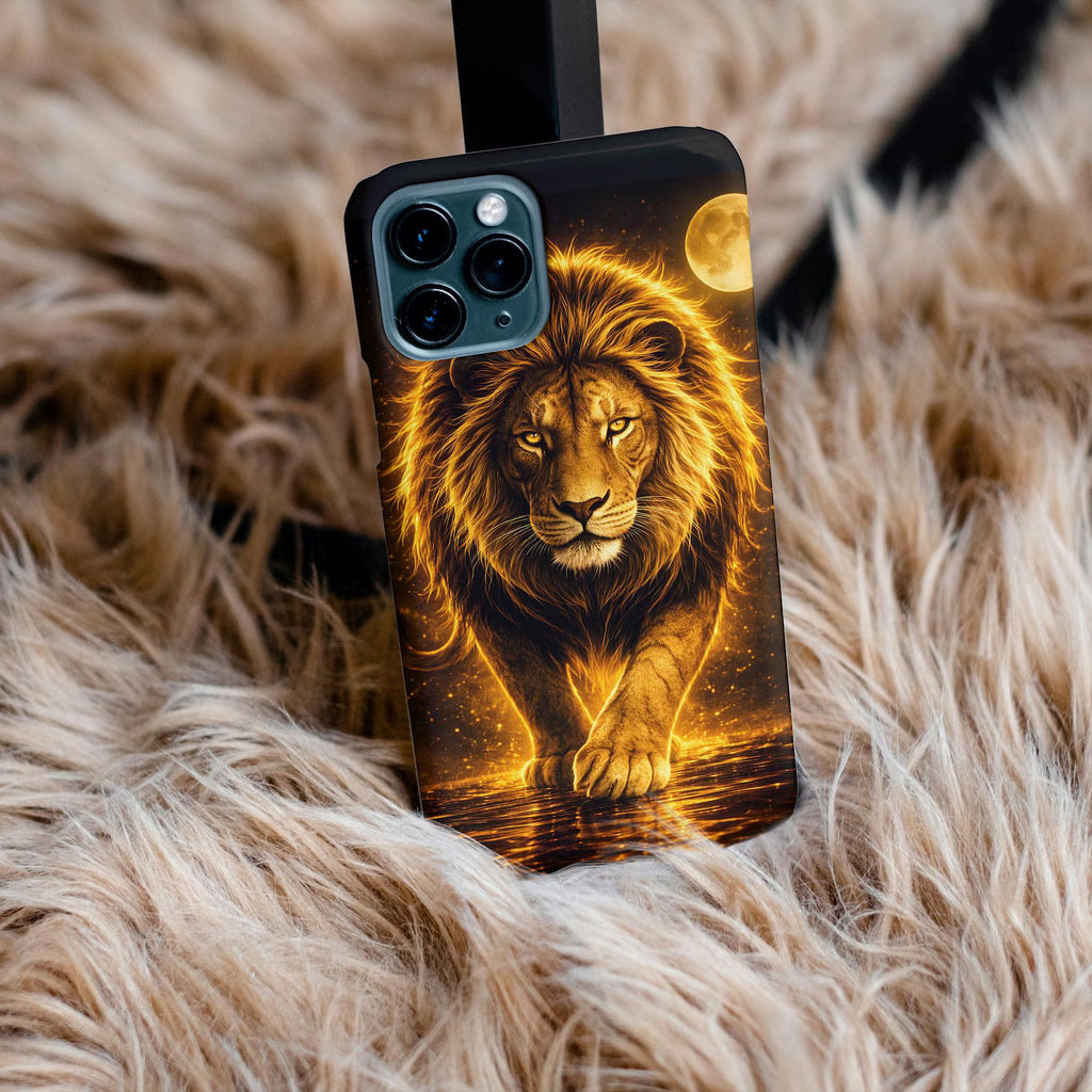 Golden lion phone case with glowing luxury wildlife design on premium protective cover for iPhone