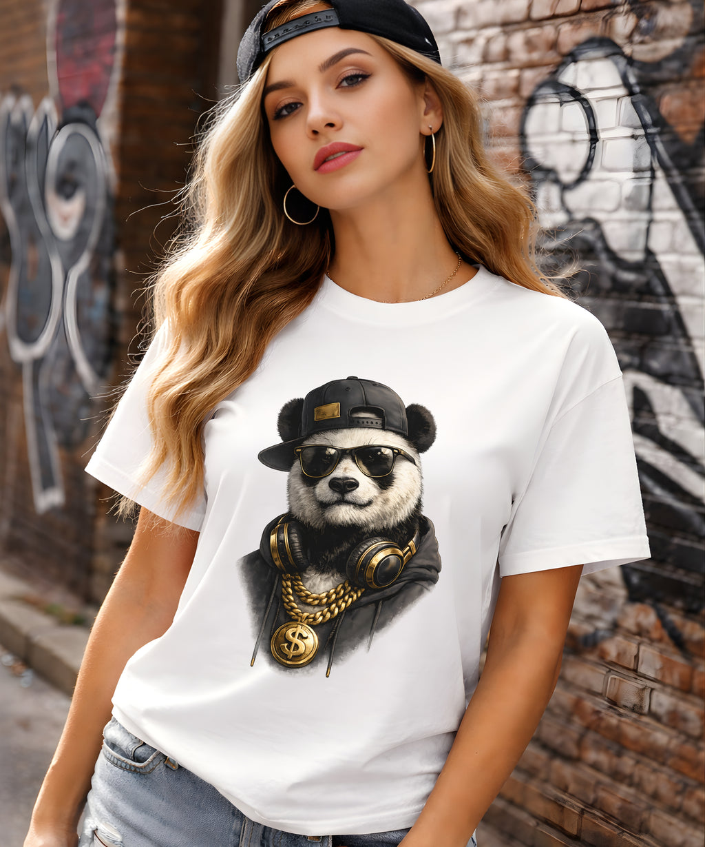 Hip Hop Panda graphic T shirt with panda king streetwear design on white unisex tee