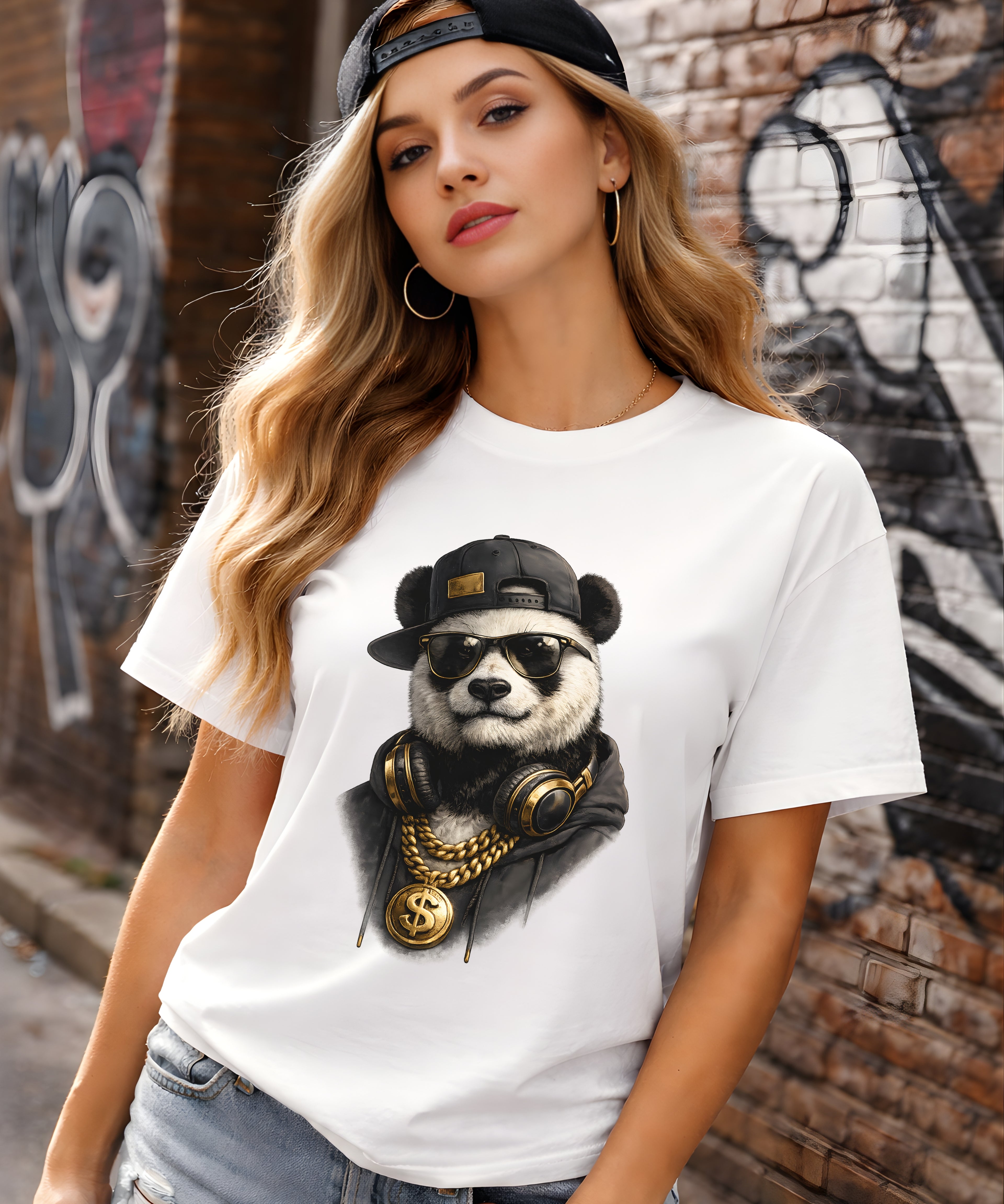 Hip Hop Panda graphic T shirt with panda king streetwear design on white unisex tee