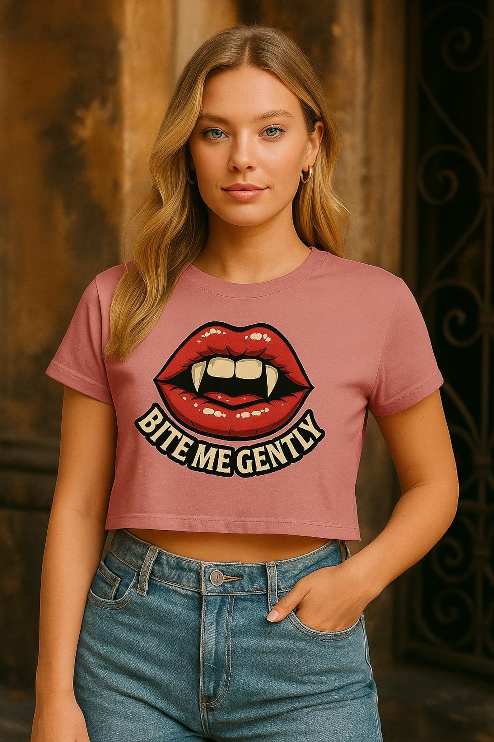 Bite Me Gently Cropped Tee – Vampire Lips Graphic Shirt