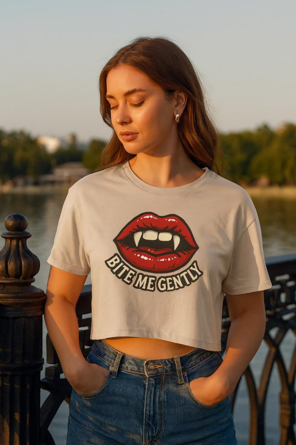 Bite Me Gently Cropped Tee – Vampire Lips Graphic Shirt