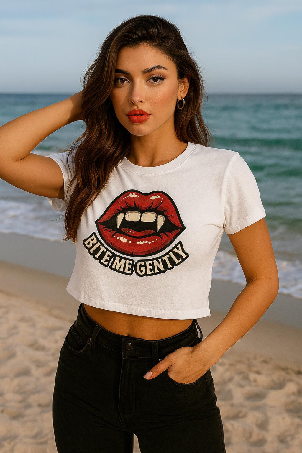 Bite Me Gently Cropped Tee – Vampire Lips Graphic Shirt