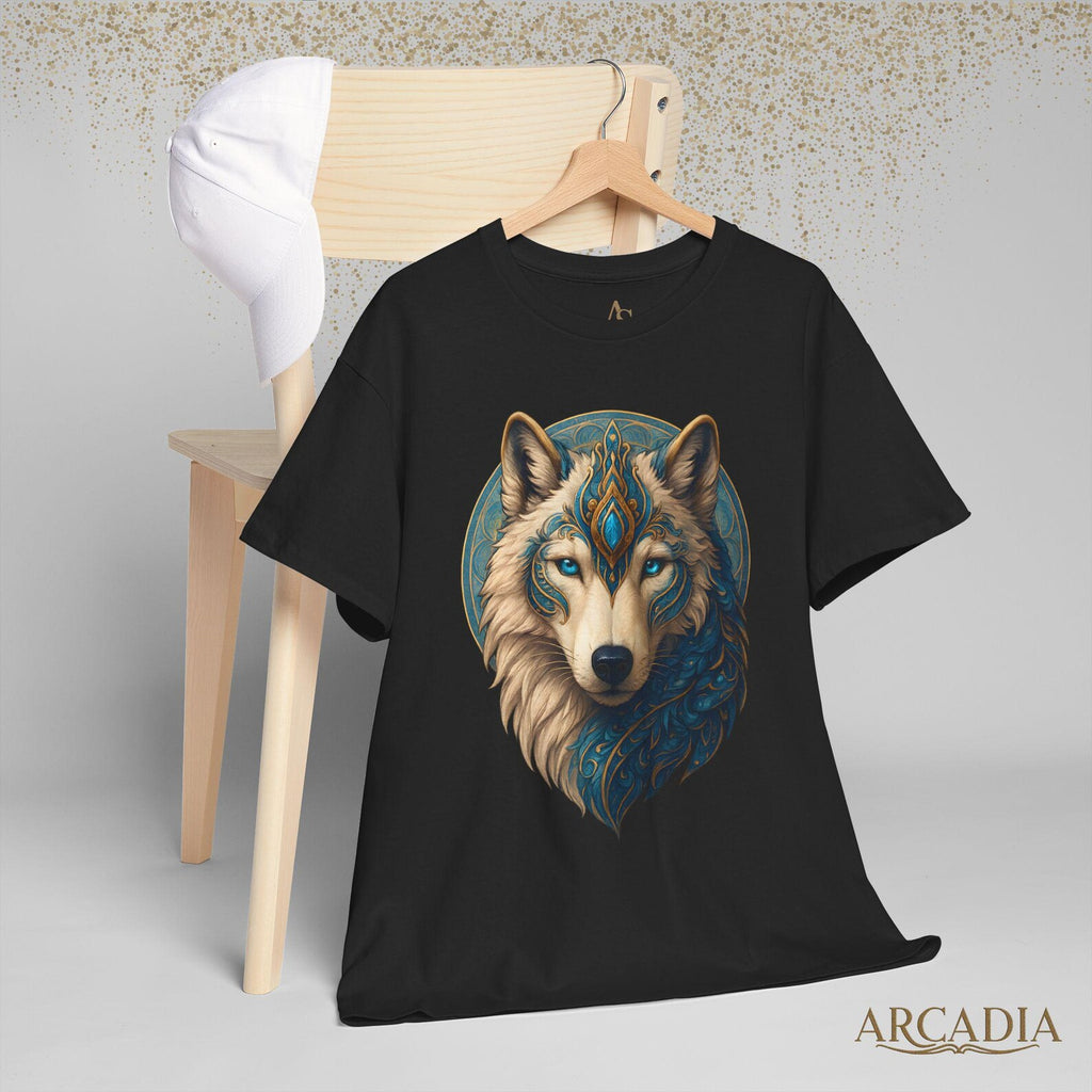 Mystical Wolf Spirit T Shirt Blue Gold Wolf Graphic Unisex Nature Inspired Tee