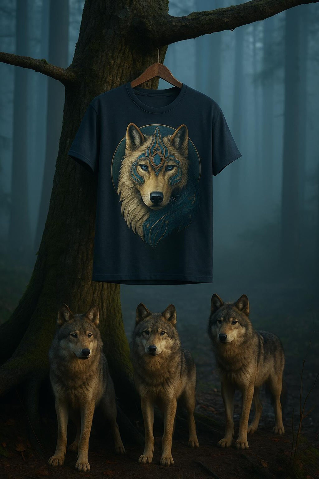 Mystical Wolf Spirit T Shirt Blue Gold Wolf Graphic Unisex Nature Inspired Tee