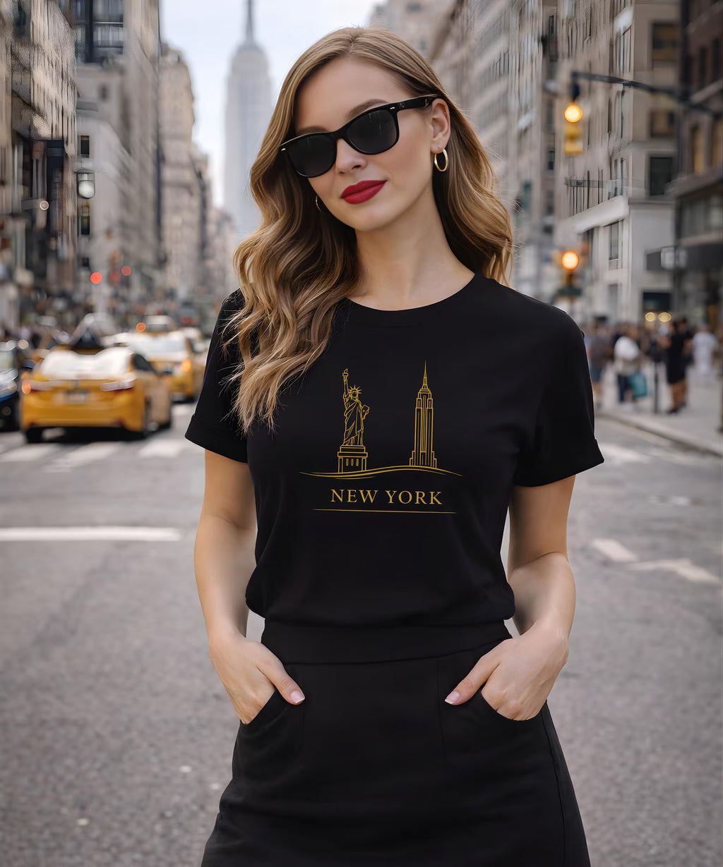 New York Skyline T Shirt Gold Line Art NYC Statue of Liberty Graphic Tee