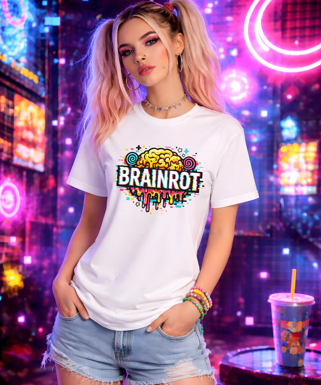 Brainrot Meme T Shirt Colorful Glitch Brain Graphic Tee Viral Internet Humor Streetwear Unisex