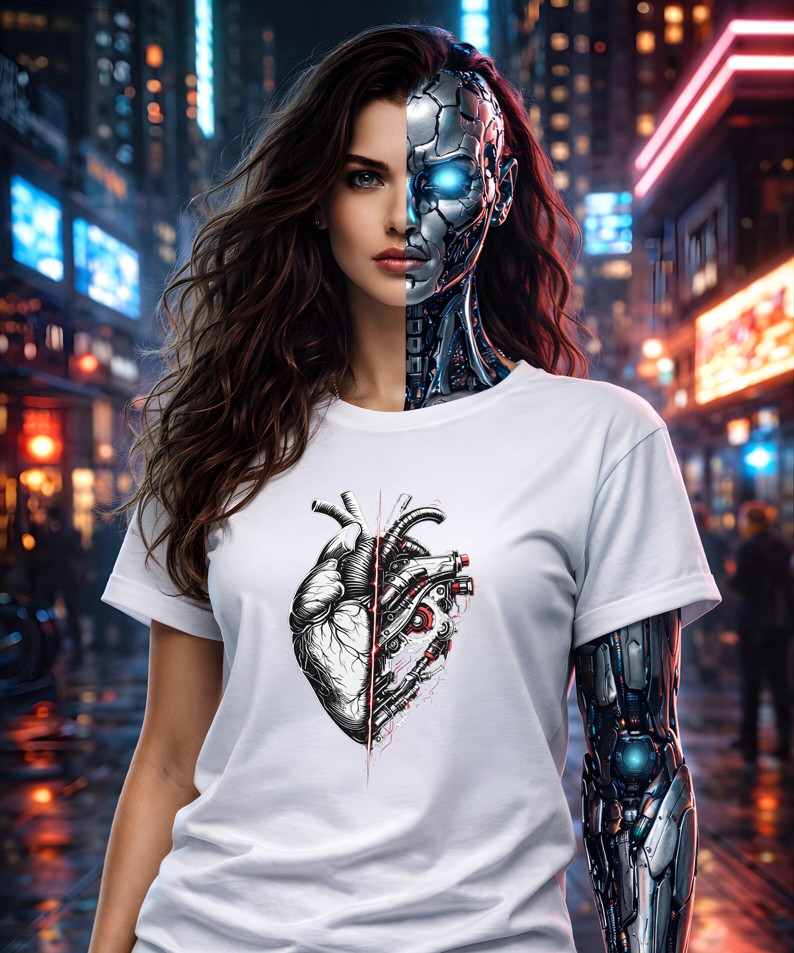 Half Human Half Machine Heart T Shirt Cyberpunk Mechanical Heart Graphic Tee Futuristic Anatomy Shirt Unisex Streetwear Sci Fi Apparel