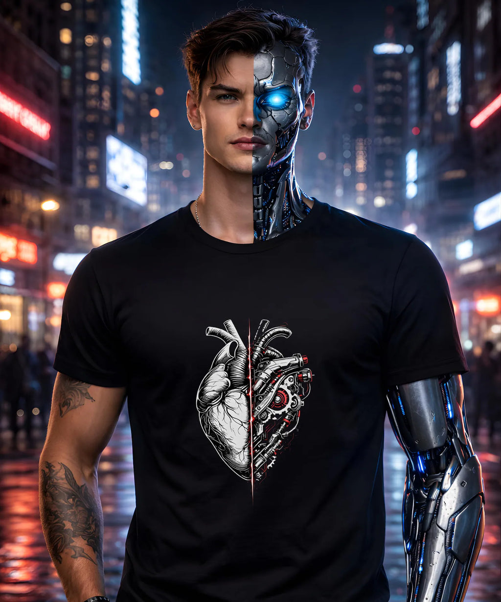 Half Human Half Machine Heart T Shirt Cyberpunk Mechanical Heart Graphic Tee Futuristic Anatomy Shirt Unisex Streetwear Sci Fi Apparel