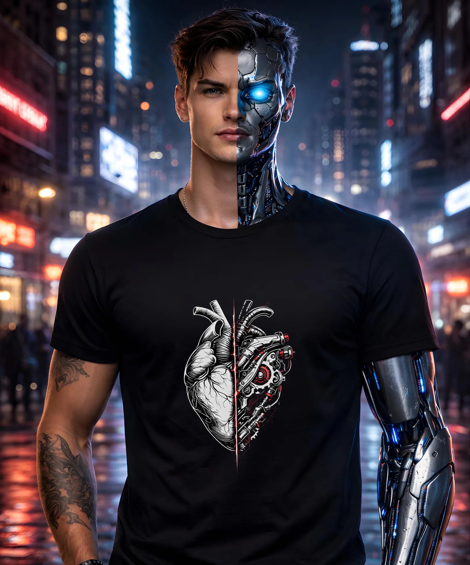 Half Human Half Machine Heart T Shirt Cyberpunk Mechanical Heart Graphic Tee Futuristic Anatomy Shirt Unisex Streetwear Sci Fi Apparel