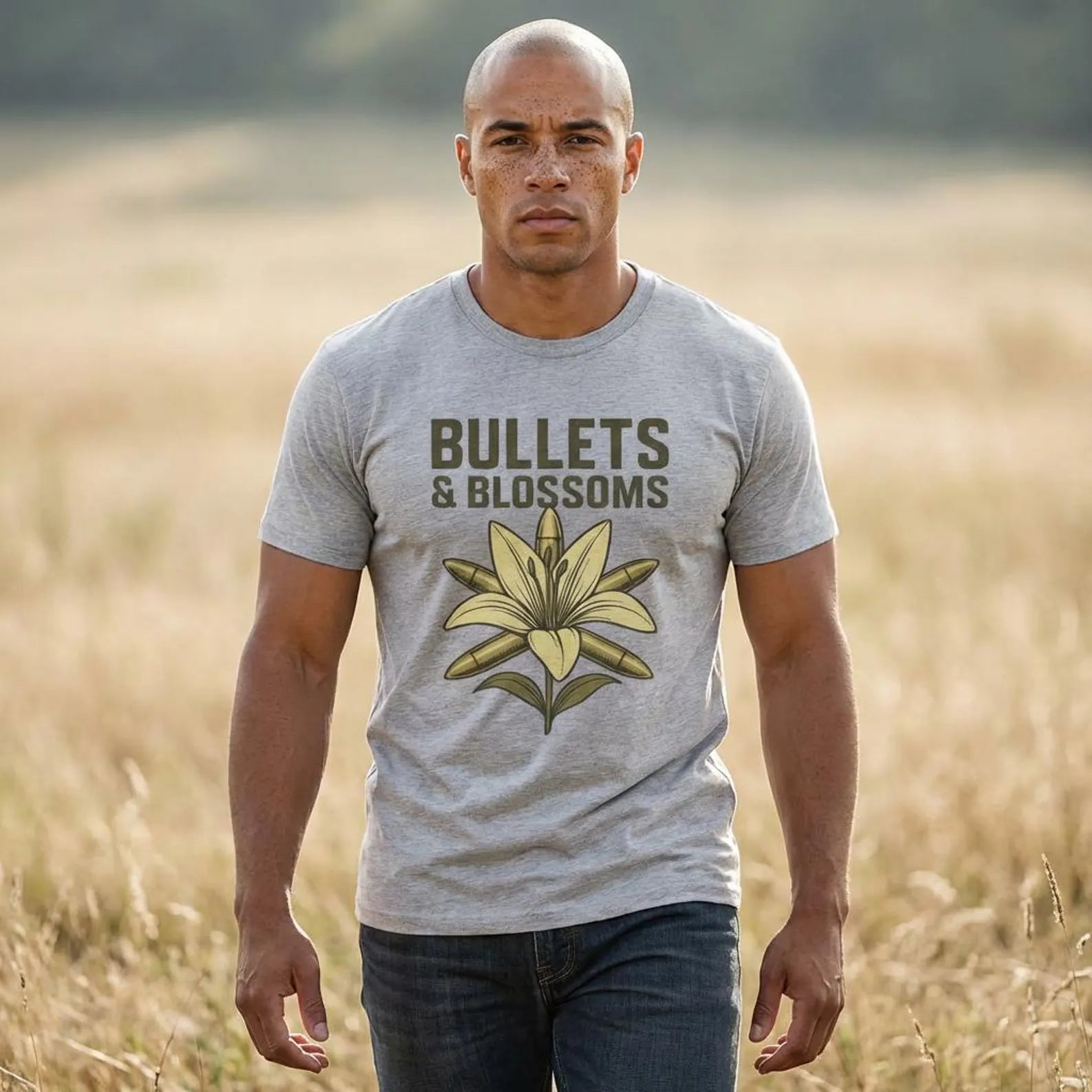 Bullets and Blossoms T Shirt Tactical Flower Graphic Tee Vintage Military Style