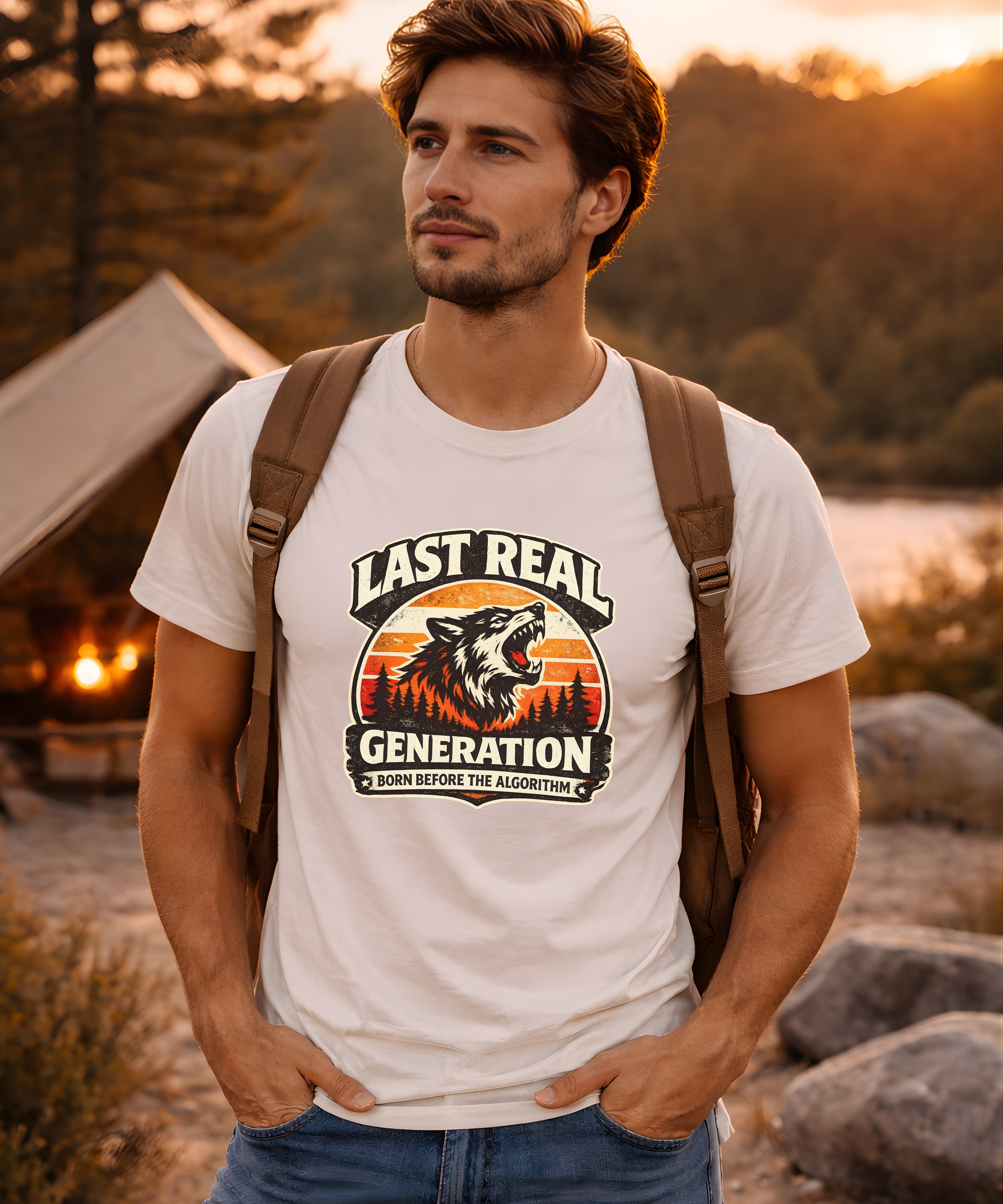 Man wearing Last Real Generation wolf t shirt with vintage sunset graphic printed on Bella Canvas 3001 tee