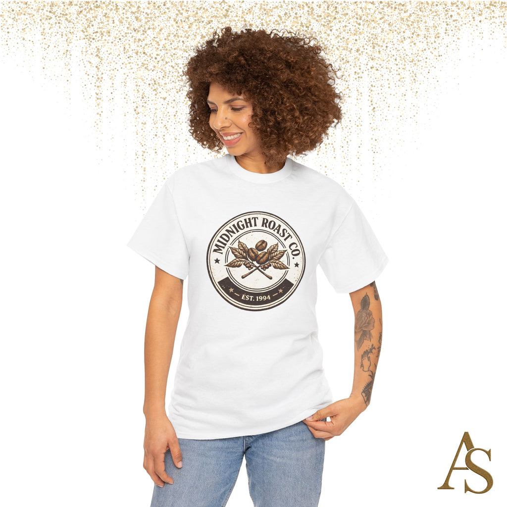 Woman wearing Midnight Roast vintage coffee graphic T-shirt on white background