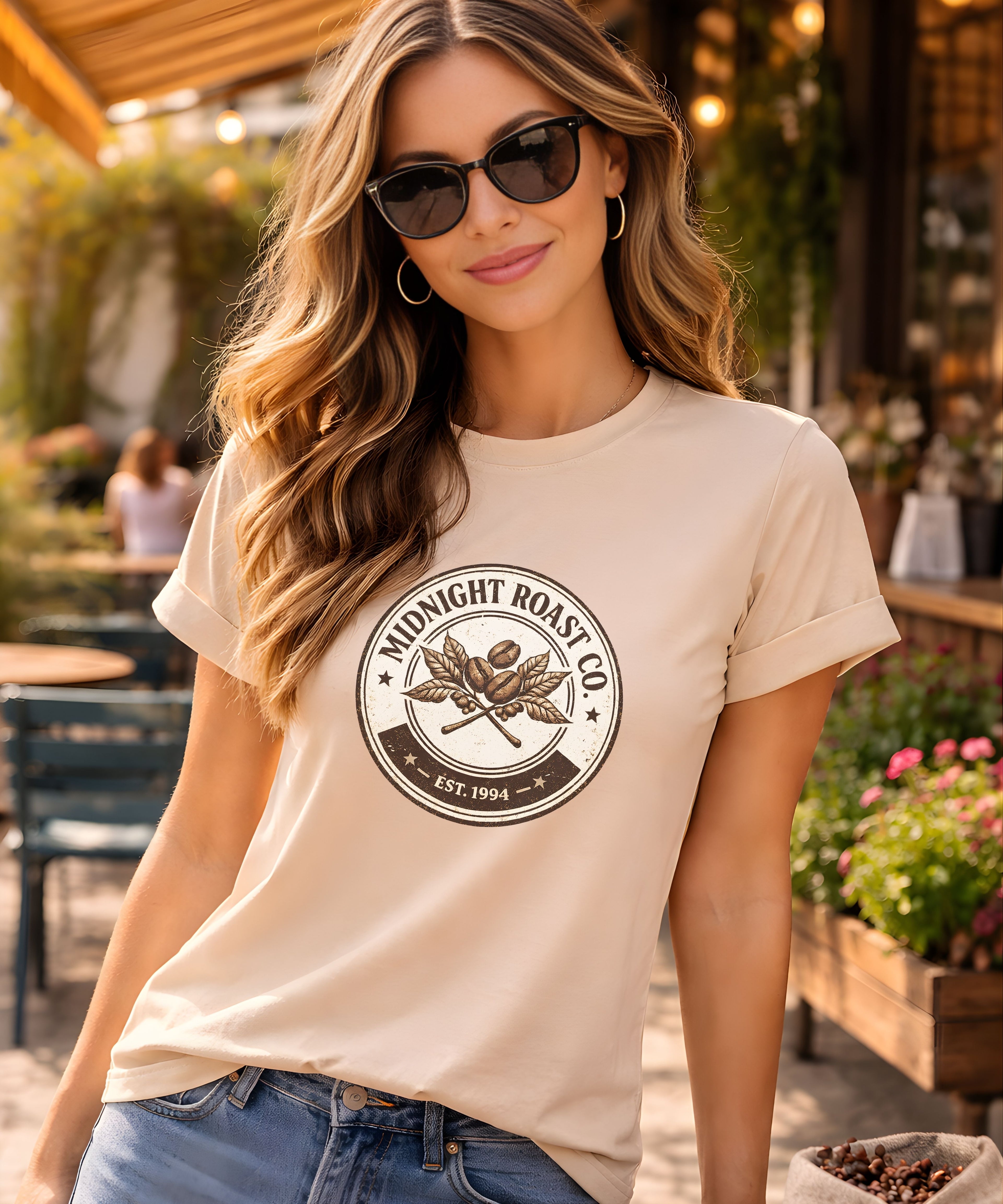 Woman wearing vintage Midnight Roast coffee lover T-shirt and sunglasses at outdoor cafe