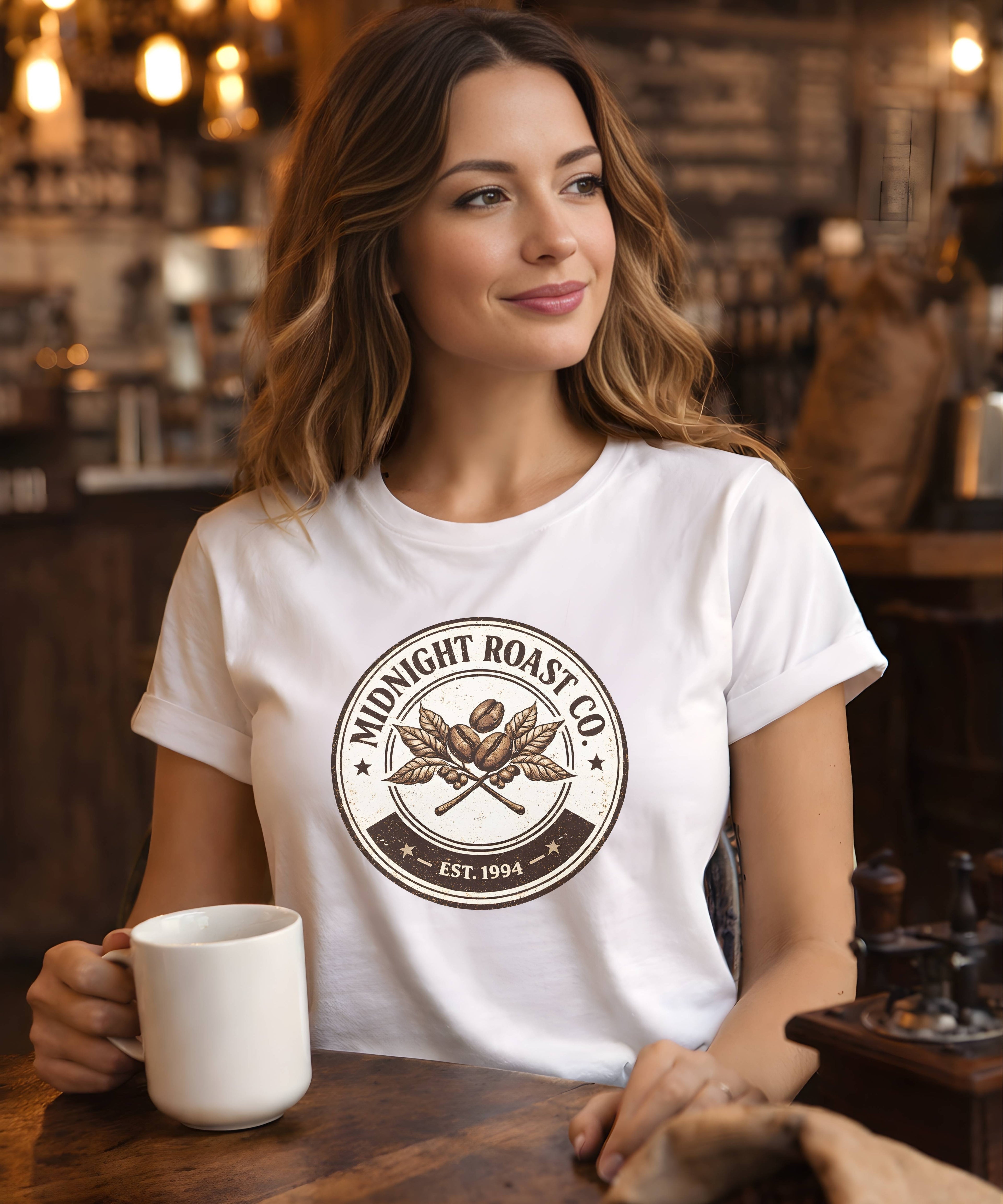 Woman wearing Midnight Roast vintage coffee lover graphic T-shirt in cozy cafe setting