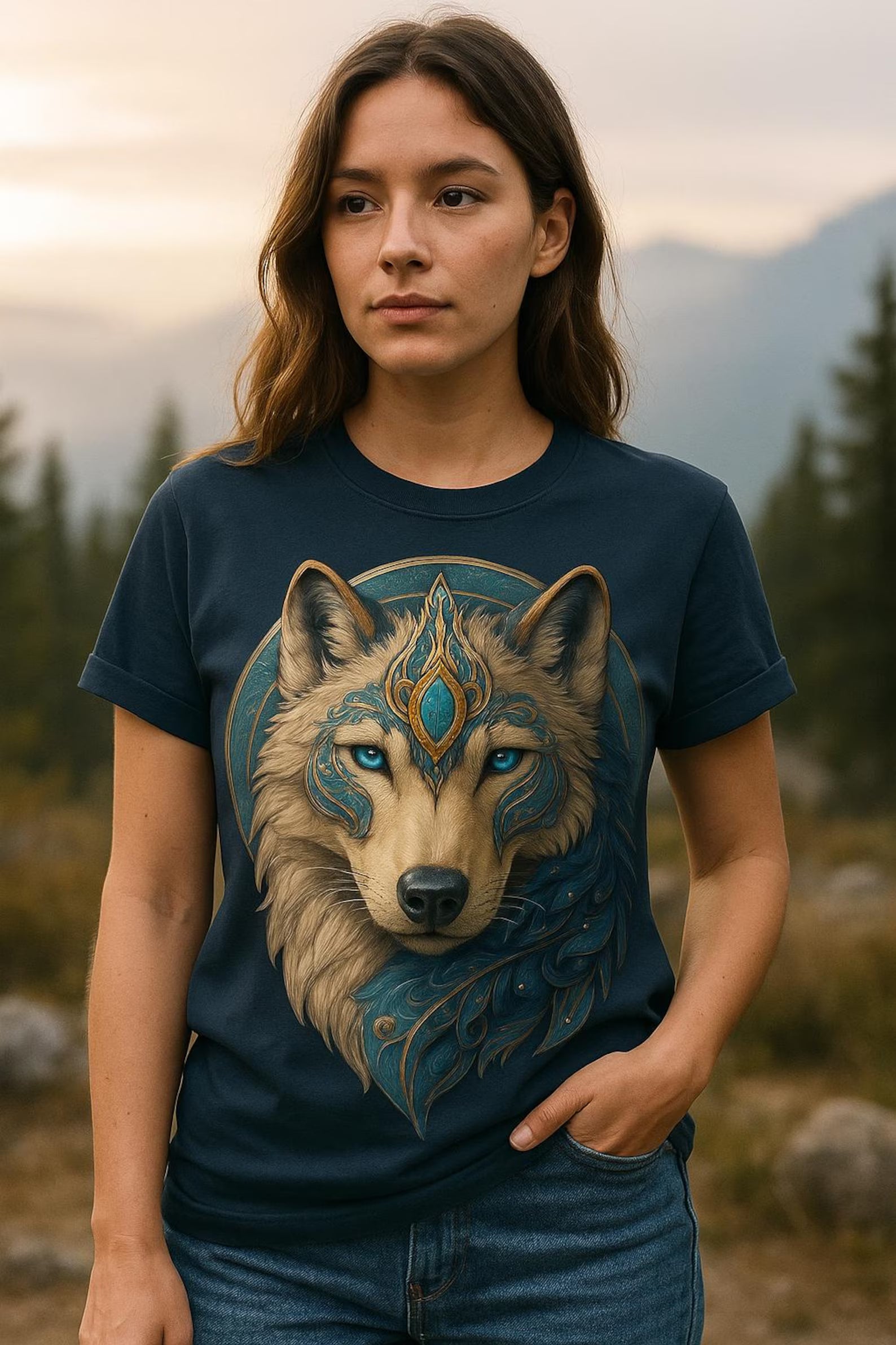 Mystical wolf spirit t shirt with blue and gold wolf graphic unisex nature inspired design by Arcadia Silence