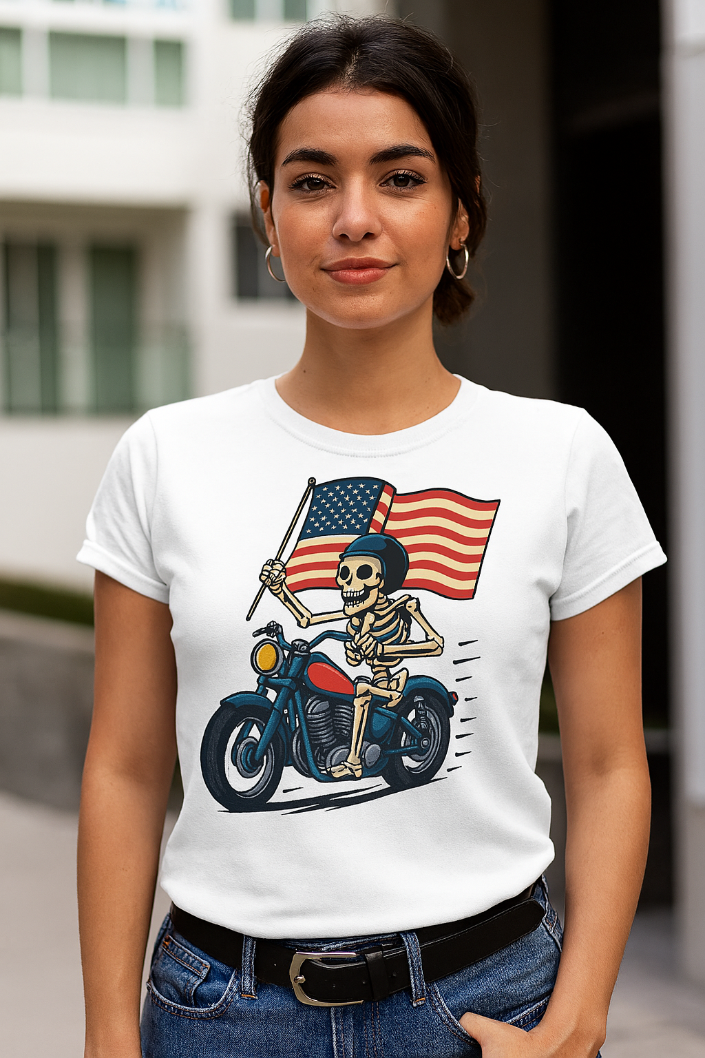 Skeleton biker motorcycle t shirt with American flag graphic printed on white Gildan 64000 tee by Arcadia Silence