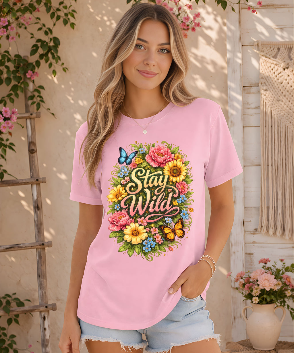 Woman wearing pink Stay Wild floral t-shirt with colorful boho flower and butterfly design, soft summer outfit lifestyle mockup