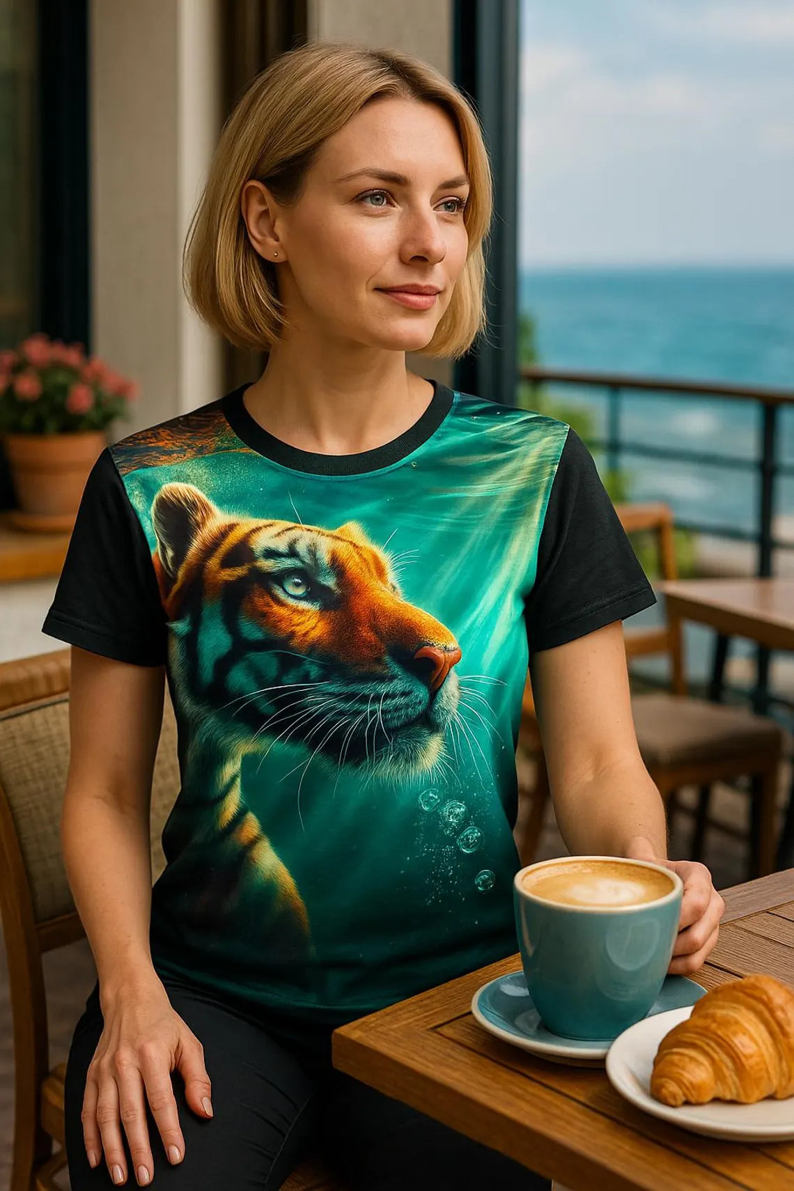 Woman wearing underwater tiger graphic T-shirt with ocean inspired wildlife design
