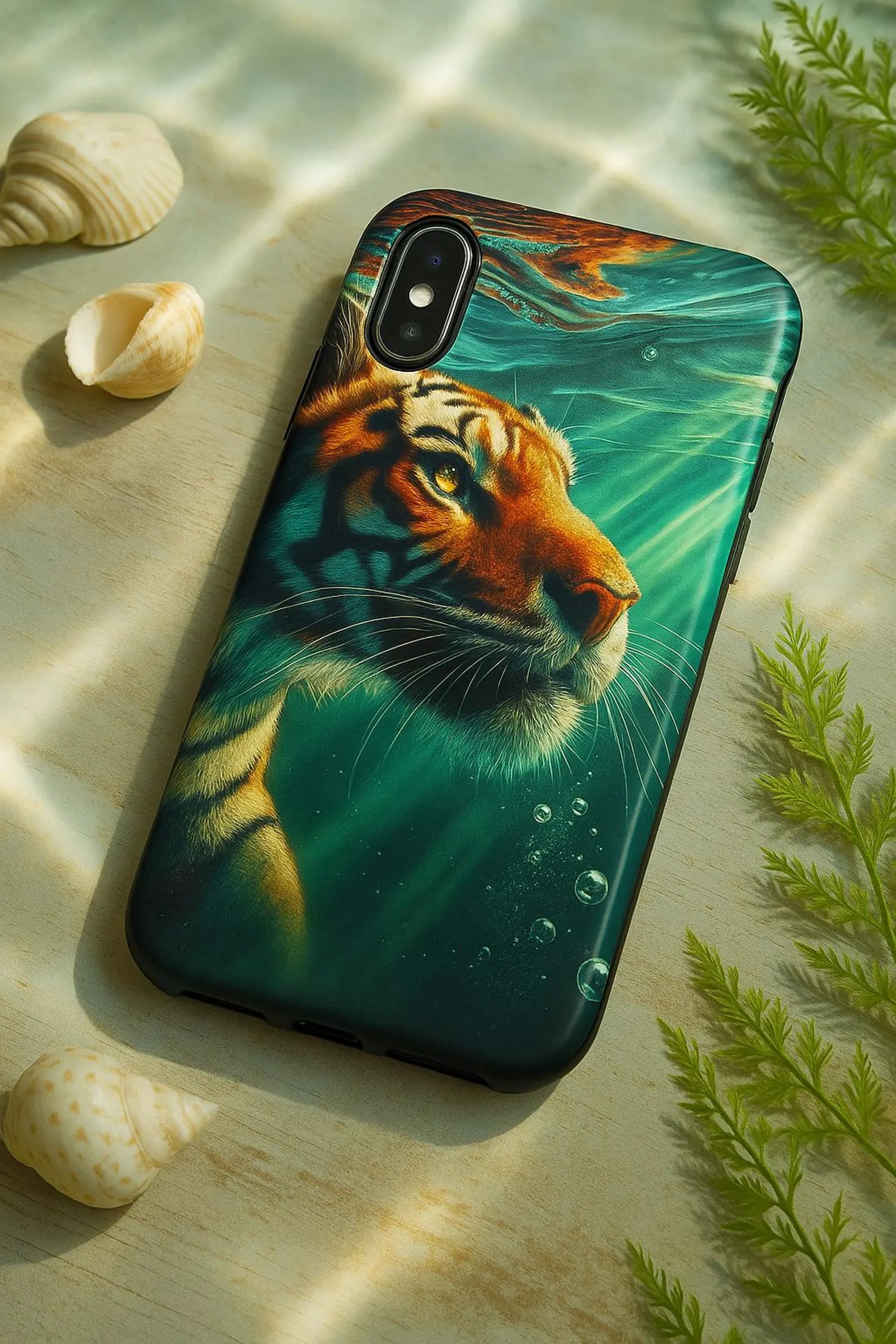 Underwater tiger phone case with premium wildlife design, turquoise ocean style protective case on smartphone