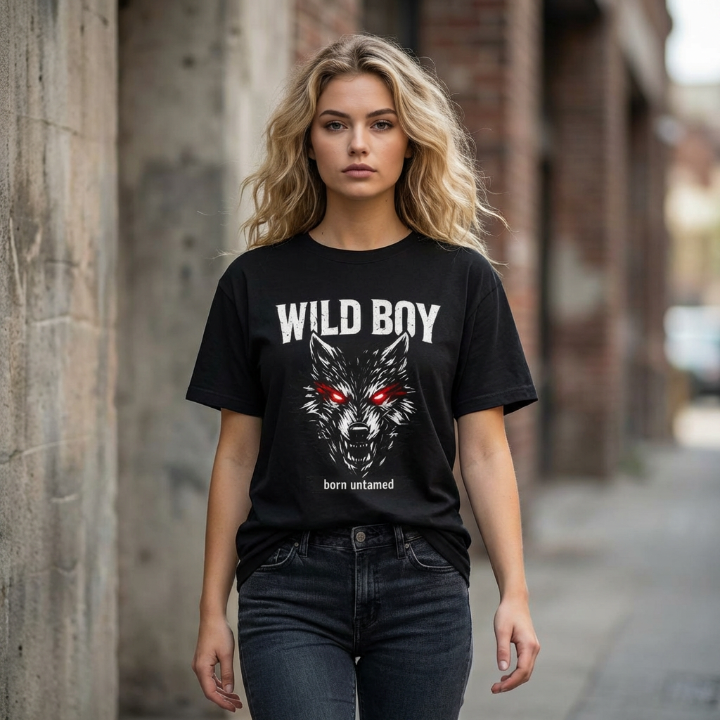 Woman wearing black Wild Boy wolf graphic t-shirt with red eyes design, streetwear style, urban background